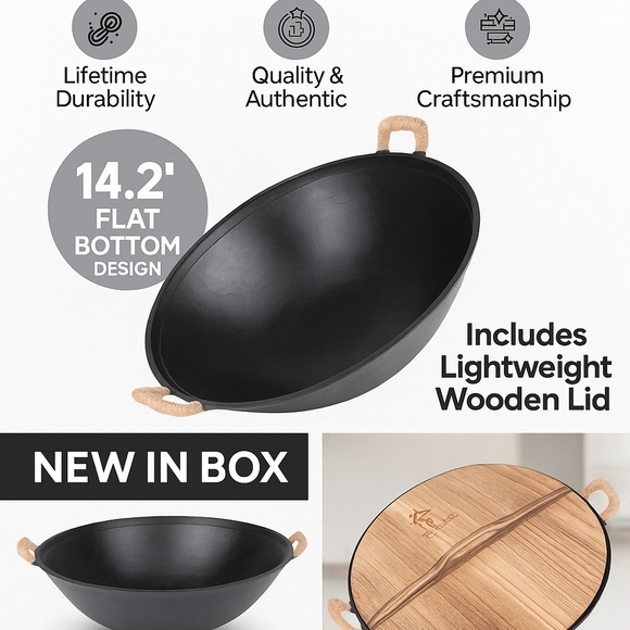 Brand New 14.2" Cast Iron Wok w/ Wood Lid | Pre-Seasoned | Flat Bottom | YFFutur - Picture 1 of 8